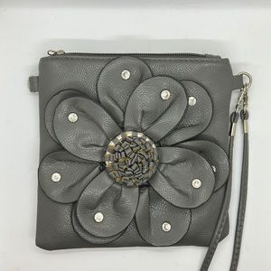Quirky purse with shoulder strap. Leather, gray, floral design with rhino